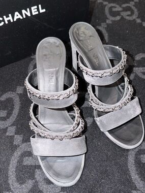 CHANEL Silver Suede Chain-Trim High Heel Slide Sandals